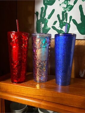 Starbucks Red, Iridescent & Deep Blue Reusable Cold Cups (celebrate 4th of July)